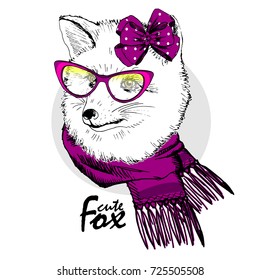 Vector  fox with pink glasses, bow and knitted scarf. Hand drawn illustration of dressed fox.