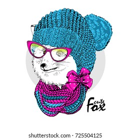 Vector  fox with pink glasses, scarf and knitted hat. Hand drawn illustration of dressed fox.