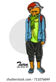 Vector fox with red cap, green scarf and glasses. Hand drawn illustration of dressed fox