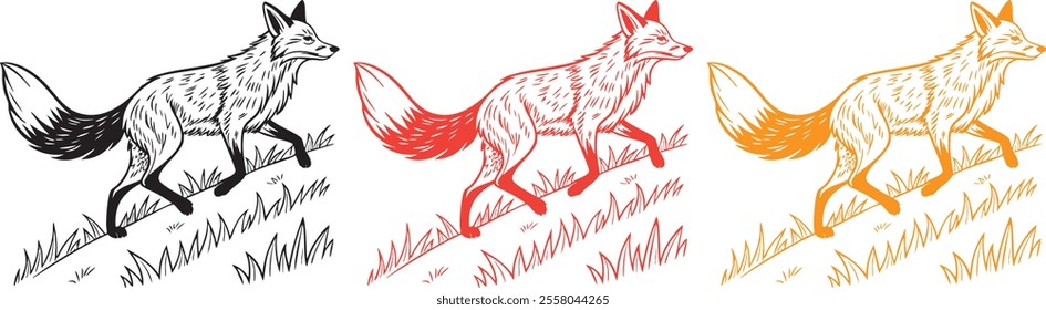 A vector of a fox running gracefully, with detailed fur and a flowing tail. The paws show movement as it dashes across a grassy plain. Black and white line art.