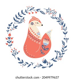 Vector fox in scandinavian style. Folk forest animal in floral wreath. Winter christmas fox in nordic style. Folklore woodland character with flowers. Isolated on white background. 