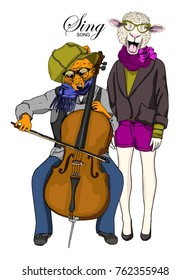 Vector fox and sheep plays cello and sings. Hand drawn illustration of dressed fox and sheep