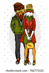 Vector fox-boy and rabbit-girl. Hand drawn illustration of dressed bunny and fox. Opposites friendship.