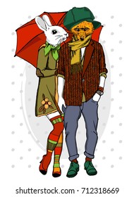 Vector fox-boy and rabbit-girl. Hand drawn illustration of dressed bunny and fox. Opposites friendship. 2
