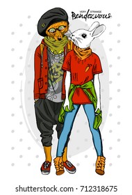 Vector fox-boy and rabbit-girl. Hand drawn illustration of dressed bunny and fox. Opposites friendship. 5