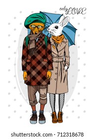 Vector fox-boy and rabbit-girl. Hand drawn illustration of dressed bunny and fox. Opposites friendship. 1