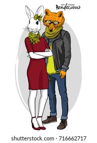 Vector fox-boy and rabbit-girl. Hand drawn illustration of dressed bunny and fox. Opposites friendship.