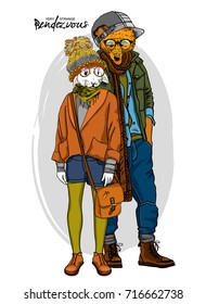 Vector fox-boy and rabbit-girl. Hand drawn illustration of dressed bunny and fox. Opposites friendship.