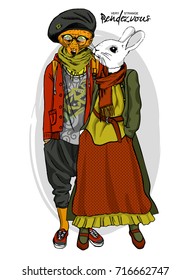 Vector fox-boy and rabbit-girl. Hand drawn illustration of dressed bunny and fox. Opposites friendship.