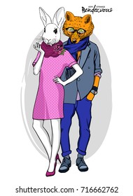 Vector fox-boy and rabbit-girl. Hand drawn illustration of dressed bunny and fox. Opposites friendship.