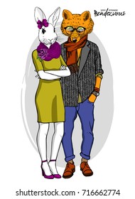 Vector fox-boy and rabbit-girl. Hand drawn illustration of dressed bunny and fox. Opposites friendship.