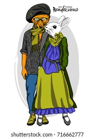 Vector fox-boy and rabbit-girl. Hand drawn illustration of dressed bunny and fox. Opposites friendship.