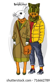 Vector fox-boy and rabbit-girl. Hand drawn illustration of dressed bunny and fox. Opposites friendship.