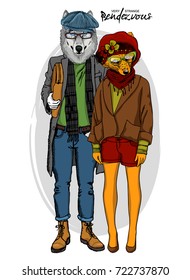Vector fox-girl and wolf-boy. Hand drawn illustration of dressed wolf and fox. 