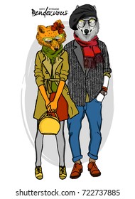 Vector fox-girl and wolf-boy. Hand drawn illustration of dressed wolf and fox. 