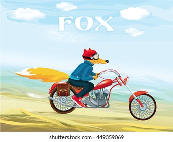 Vector fox-man on a red motorcycle. Hand drawn illustration of dressed fox. Vector  illustration. Cartoon drawing style.