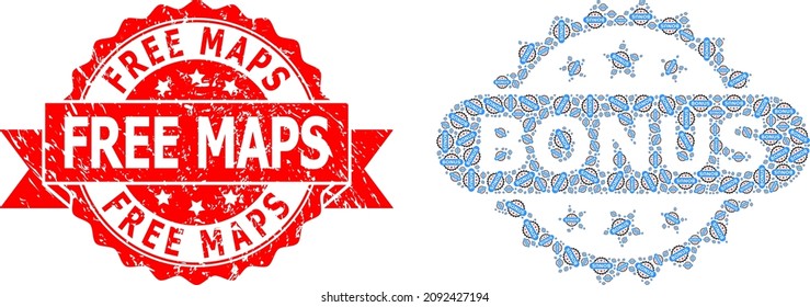 Vector fractal collage bonus tag, and Free Maps dirty seal print. Red seal has Free Maps title inside ribbon. Vector collage is made with randomized rotated bonus tag items.