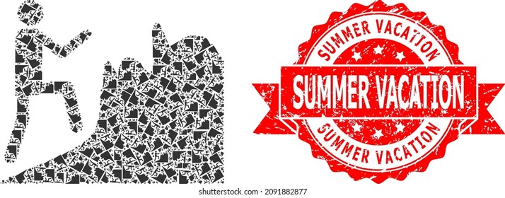 Vector fractal collage climbing person, and Summer Vacation scratched stamp. Red stamp seal has Summer Vacation text inside ribbon.