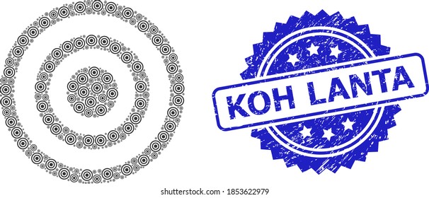 Vector fractal collage concentric circles, and Koh Lanta rubber stamp seal. Blue stamp seal contains Koh Lanta text inside rosette.