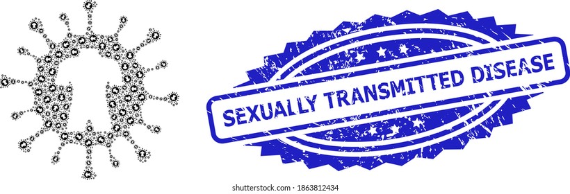Virus humano de colaje fractal vector y sello de grunge de transmisión sexual. El sello azul incluye el título de Enfermedad transmitida sexualmente dentro de la rosette.