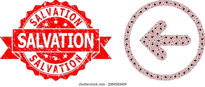 Vector fractal collage left pointer, and Salvation dirty stamp seal. Red stamp seal contains Salvation title inside ribbon. Vector collage is organized from repeating rotated left pointer icons.