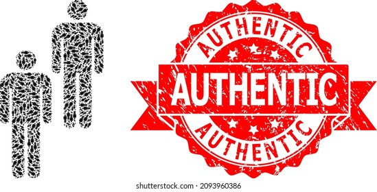 Vector fractal collage persons, and Authentic rubber seal. Red stamp seal includes Authentic title inside ribbon. Vector collage is formed of scattered rotated persons icons.