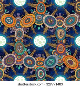 Vector fractal ethnic forest seamless pattern for halloween, with trees, zombies hands, tombstones and crosses on autumn cemetery.