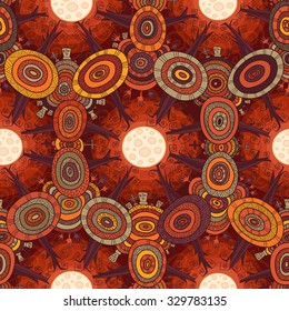 Vector fractal ethnic forest seamless pattern for halloween, with trees, zombies hands, tombstones and crosses on autumn cemetery.