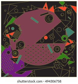 Vector fractal fabric circles random abstract colorful wallpaper pattern background. Bird and fish character illustration with retro style.