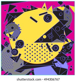 Vector fractal fabric circles random abstract colorful wallpaper pattern background. Bird and fish character illustration with retro style.