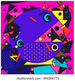 Vector fractal fabric circles random abstract colorful wallpaper pattern background. Bird and fish character illustration with retro style.