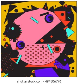 Vector fractal fabric circles random abstract colorful wallpaper pattern background. Bird and fish character illustration with retro style.