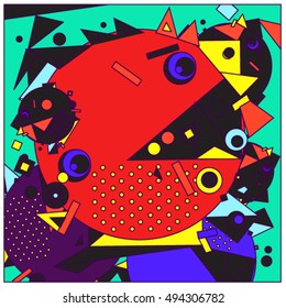 Vector fractal fabric circles random abstract colorful wallpaper pattern background. Bird and fish character illustration with retro style.