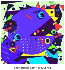 Vector fractal fabric circles random abstract colorful wallpaper pattern background. Bird and fish character illustration with retro style.