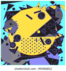 Vector fractal fabric circles random abstract colorful wallpaper pattern background. Bird and fish character illustration with retro style.