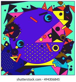 Vector fractal fabric circles random abstract colorful wallpaper pattern background. Bird and fish character illustration with retro style.