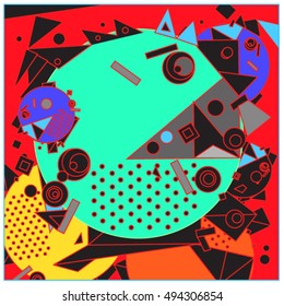 Vector fractal fabric circles random abstract colorful wallpaper pattern background. Bird and fish character illustration with retro style.