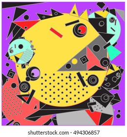 Vector fractal fabric circles random abstract colorful wallpaper pattern background. Bird and fish character illustration with retro style.