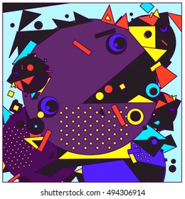 Vector fractal fabric circles random abstract colorful wallpaper pattern background. Bird and fish character illustration with retro style.