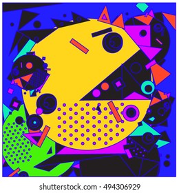 Vector fractal fabric circles random abstract colorful wallpaper pattern background. Bird and fish character illustration with retro style.