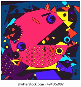 Vector fractal fabric circles random abstract colorful wallpaper pattern background. Bird and fish character illustration with retro style.