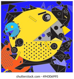 Vector fractal fabric circles random abstract colorful wallpaper pattern background. Bird and fish character illustration with retro style.