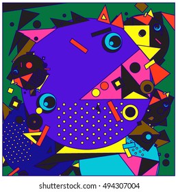 Vector fractal fabric circles random abstract colorful wallpaper pattern background. Bird and fish character illustration with retro style.