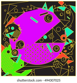 Vector fractal fabric circles random abstract colorful wallpaper pattern background. Bird and fish character illustration with retro style.