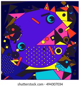 Vector fractal fabric circles random abstract colorful wallpaper pattern background. Bird and fish character illustration with retro style.