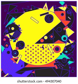 Vector fractal fabric circles random abstract colorful wallpaper pattern background. Bird and fish character illustration with retro style.