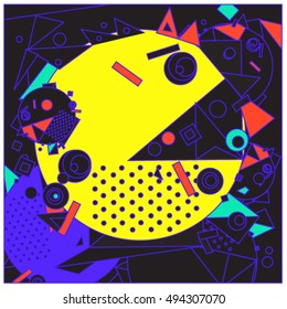 Vector fractal fabric circles random abstract colorful wallpaper pattern background. Bird and fish character illustration with retro style.