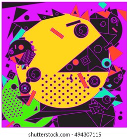 Vector fractal fabric circles random abstract colorful wallpaper pattern background. Bird and fish character illustration with retro style.