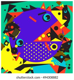 Vector fractal fabric circles random abstract colorful wallpaper pattern background. Bird and fish character illustration with retro style.