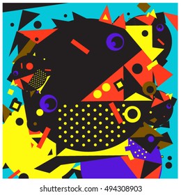 Vector fractal fabric circles random abstract colorful wallpaper pattern background. Bird and fish character illustration with retro style.